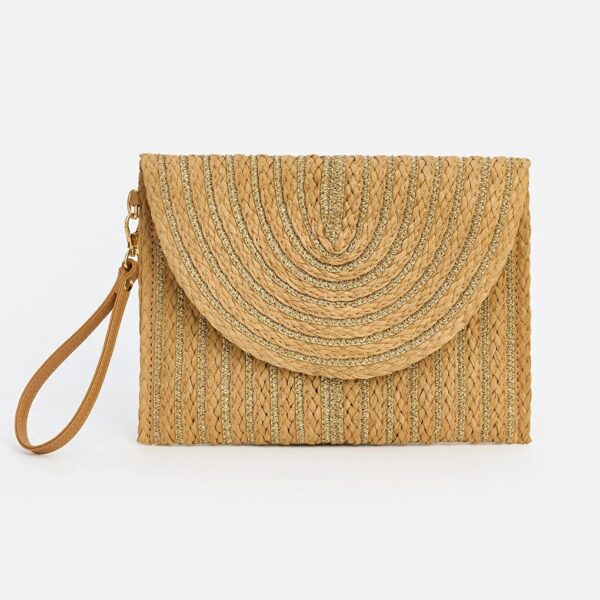 Braided Straw Clutch Bag حقيبة كلاتش نسائية مضفّرة بغطاء منحني وحزام معصم