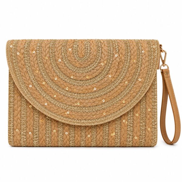 Braided Straw Clutch Bag حقيبة كلاتش نسائية مضفّرة بغطاء منحني وحزام معصم