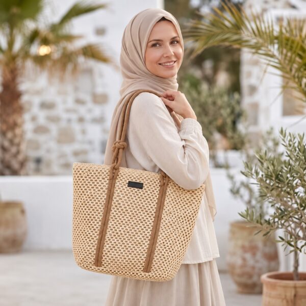 Knot Handle Woven Tote Bag حقيبة توت نسائية منسوجة بمقابض طويلة معقودة