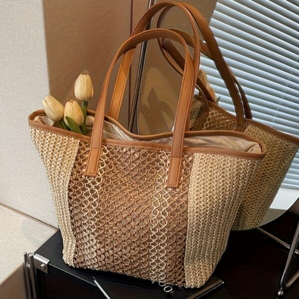 Open Weave Tote Bag حقيبة توت نسائية واسعة بتصميم منسوج مفتوح ومقابض طويلة