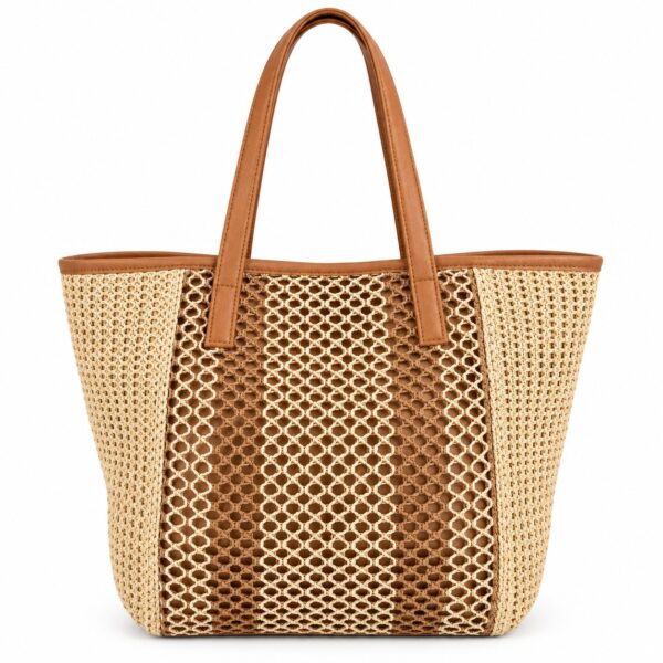 Open Weave Tote Bag حقيبة توت نسائية واسعة بتصميم منسوج مفتوح ومقابض طويلة