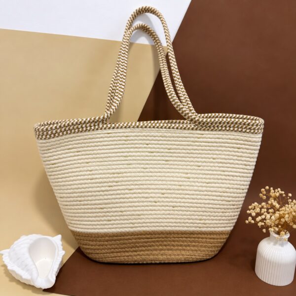 Rope Basket Tote Bag حقيبة توت نسائية بتصميم سلة من الحبال المنسوجة ومقابض طويلة