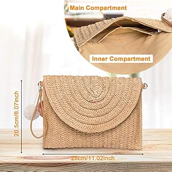 Round Flap Woven Clutch حقيبة كلاتش نسائية منسوجة بغطاء نصف دائري وحزام معصم