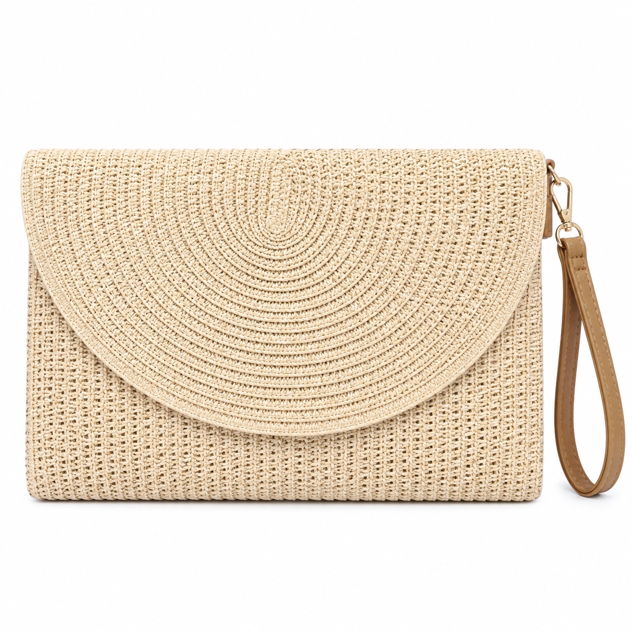 Round Flap Woven Clutch حقيبة كلاتش نسائية منسوجة بغطاء نصف دائري وحزام معصم